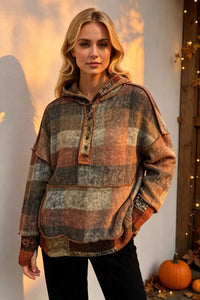 Double Take Full Size Plaid Dropped Shoulder Fleece Hoodie Plus Size