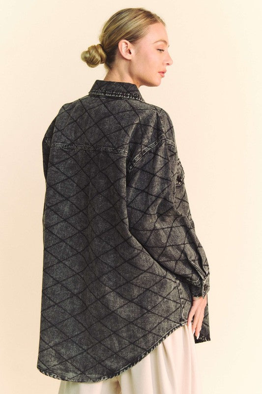 Davi & Dani Curved Hem Diamond Quilted Button Up Denim Shacket - Teresa's Fashionista LLC