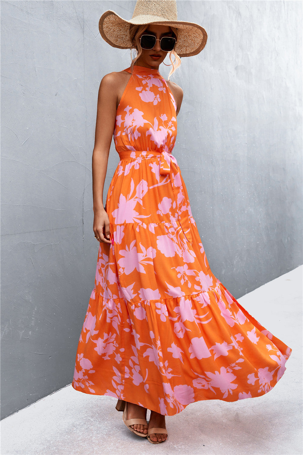 Printed Sleeveless Tie Waist Maxi Dress-Teresa&#39;s Fashionista LLC