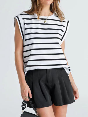 Striped Round Neck Cap Sleeve T-Shirt-Teresa's Fashionista LLC