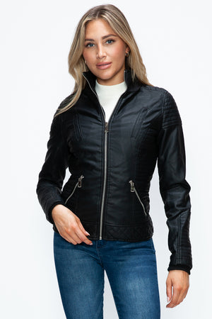 YMI Faux Layered Double-Zipper Jacket with Fuzzy Hood - Teresa's Fashionista LLC