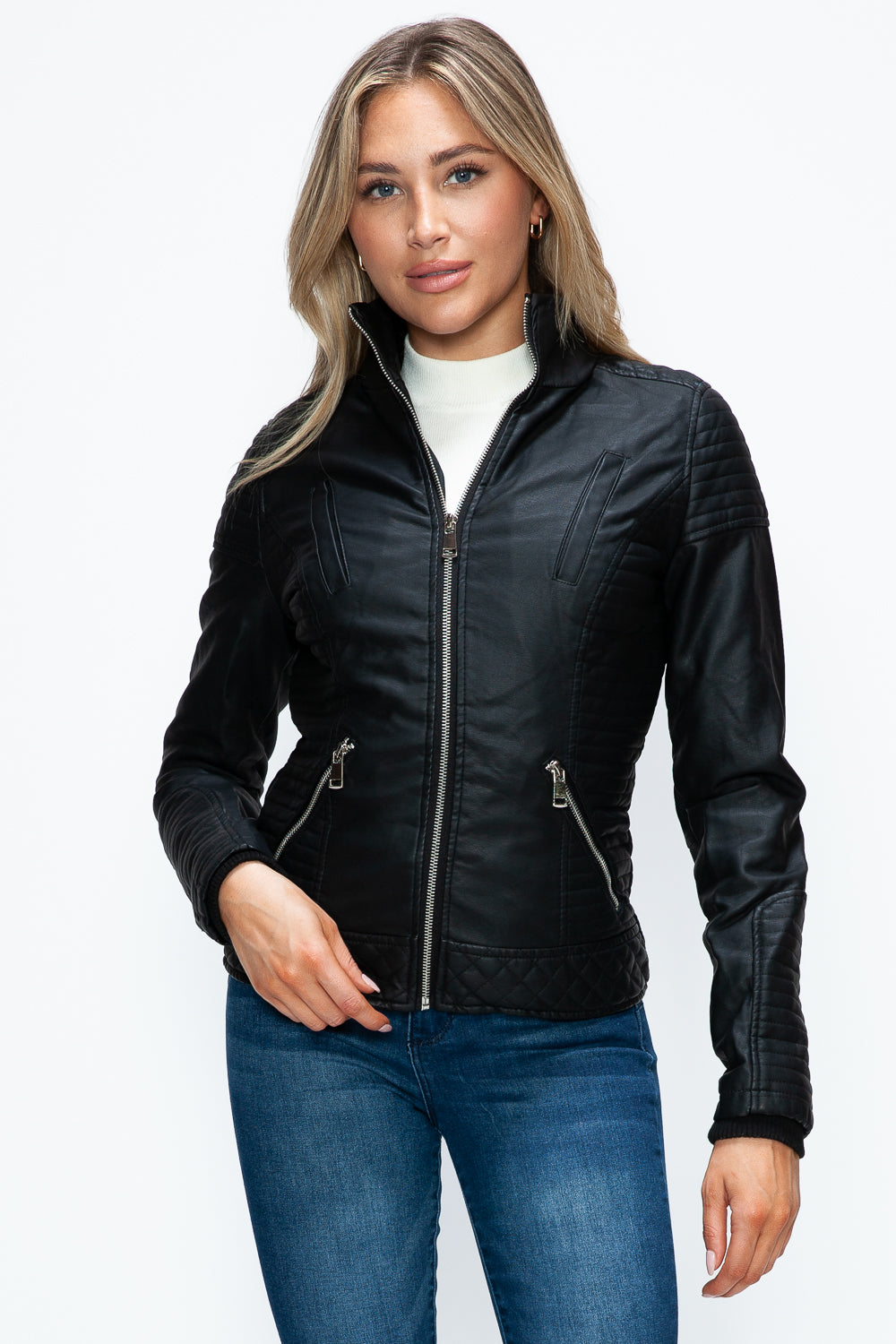 YMI Faux Layered Double-Zipper Jacket with Fuzzy Hood - Teresa's Fashionista LLC