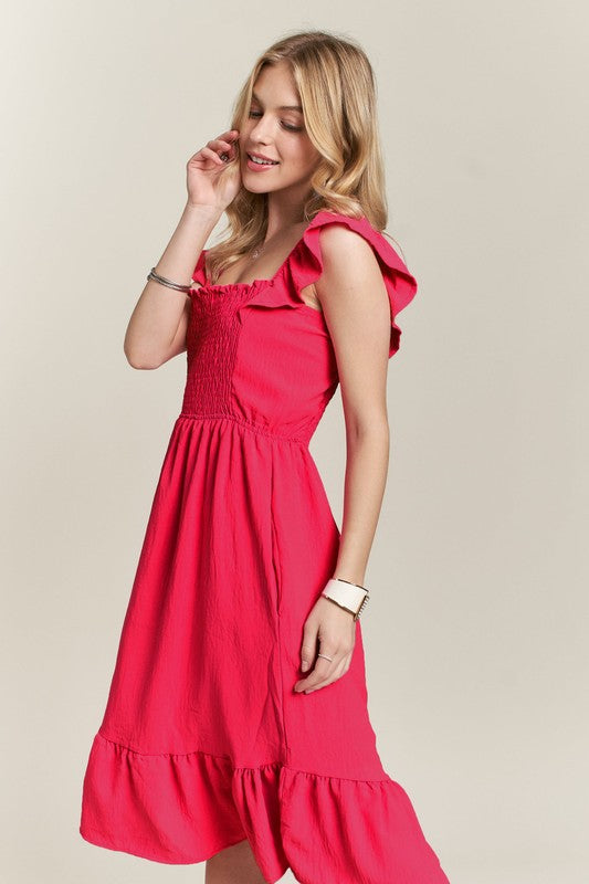 ADORA Smocked Square Neck Ruffled Cap Sleeve Dress - Teresa's Fashionista LLC