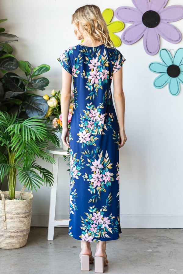 Heimish Full Size Floral Short Sleeve Slit Dress-Teresa's Fashionista LLC