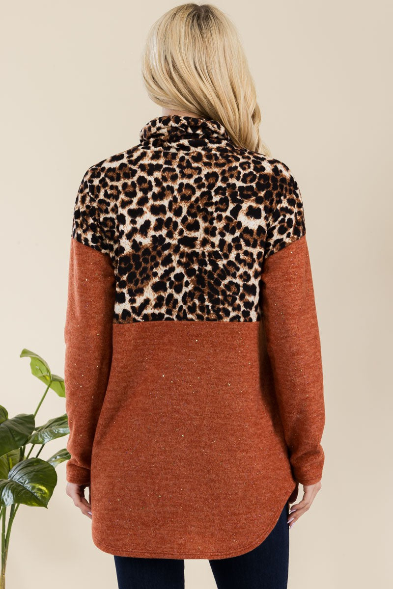 Celeste Full Size Curved Hem Leopard Turtleneck Long Sleeve Blouse - Teresa's Fashionista LLC