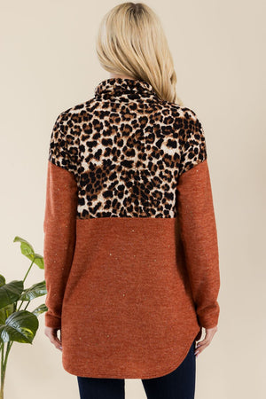 Celeste Full Size Curved Hem Leopard Turtleneck Long Sleeve Blouse - Teresa's Fashionista LLC