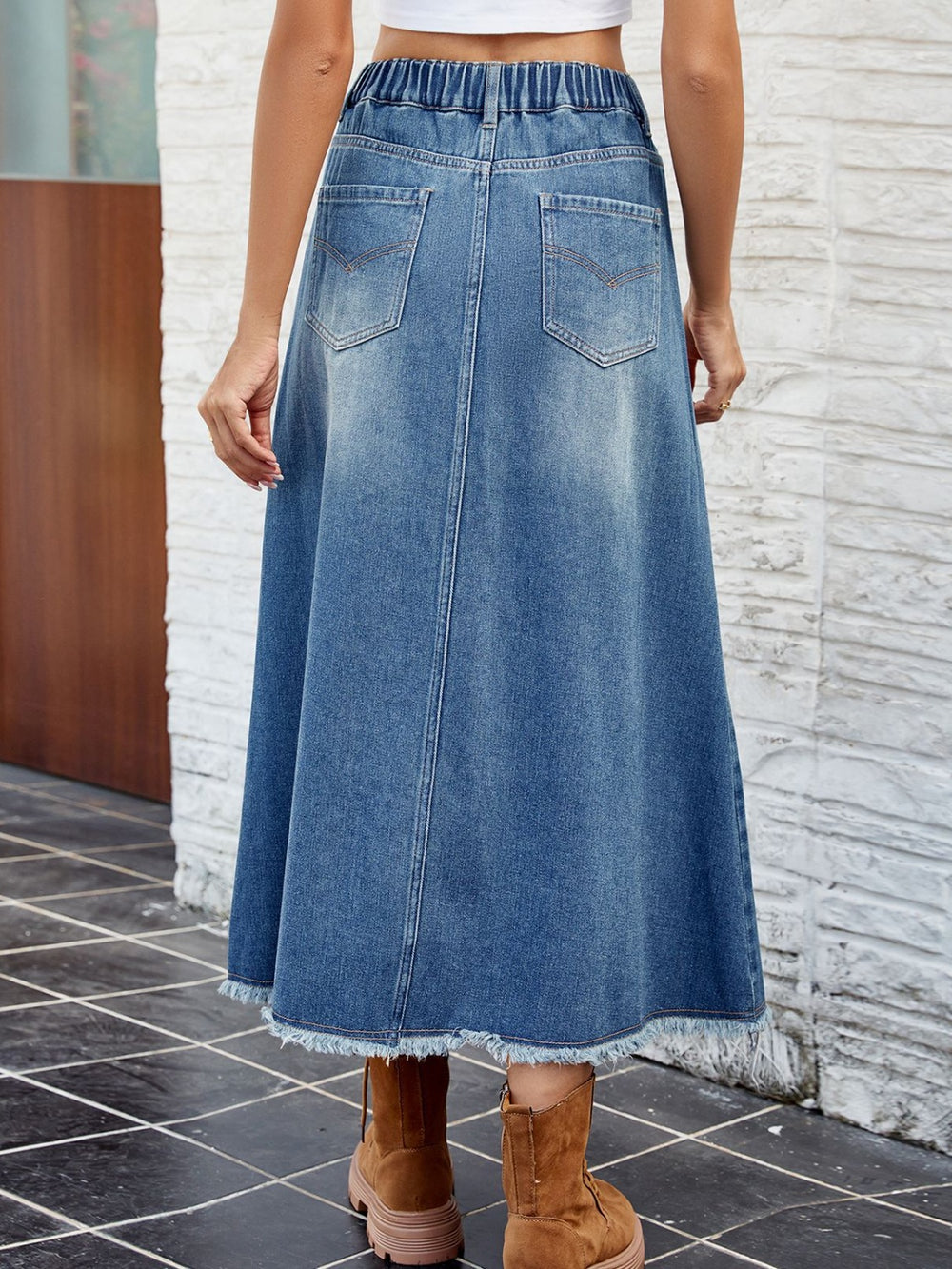 Raw Hem Buttoned Denim Skirt with Pockets-Teresa's Fashionista LLC