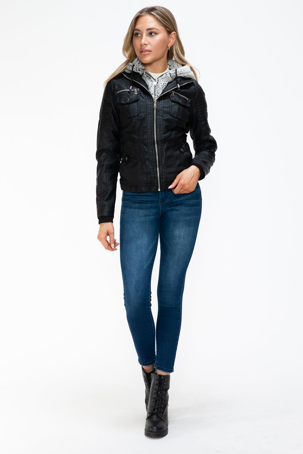 YMI Removable Faux Layered Multi-Pocket Jacket with Fuzzy Hood - Teresa's Fashionista LLC