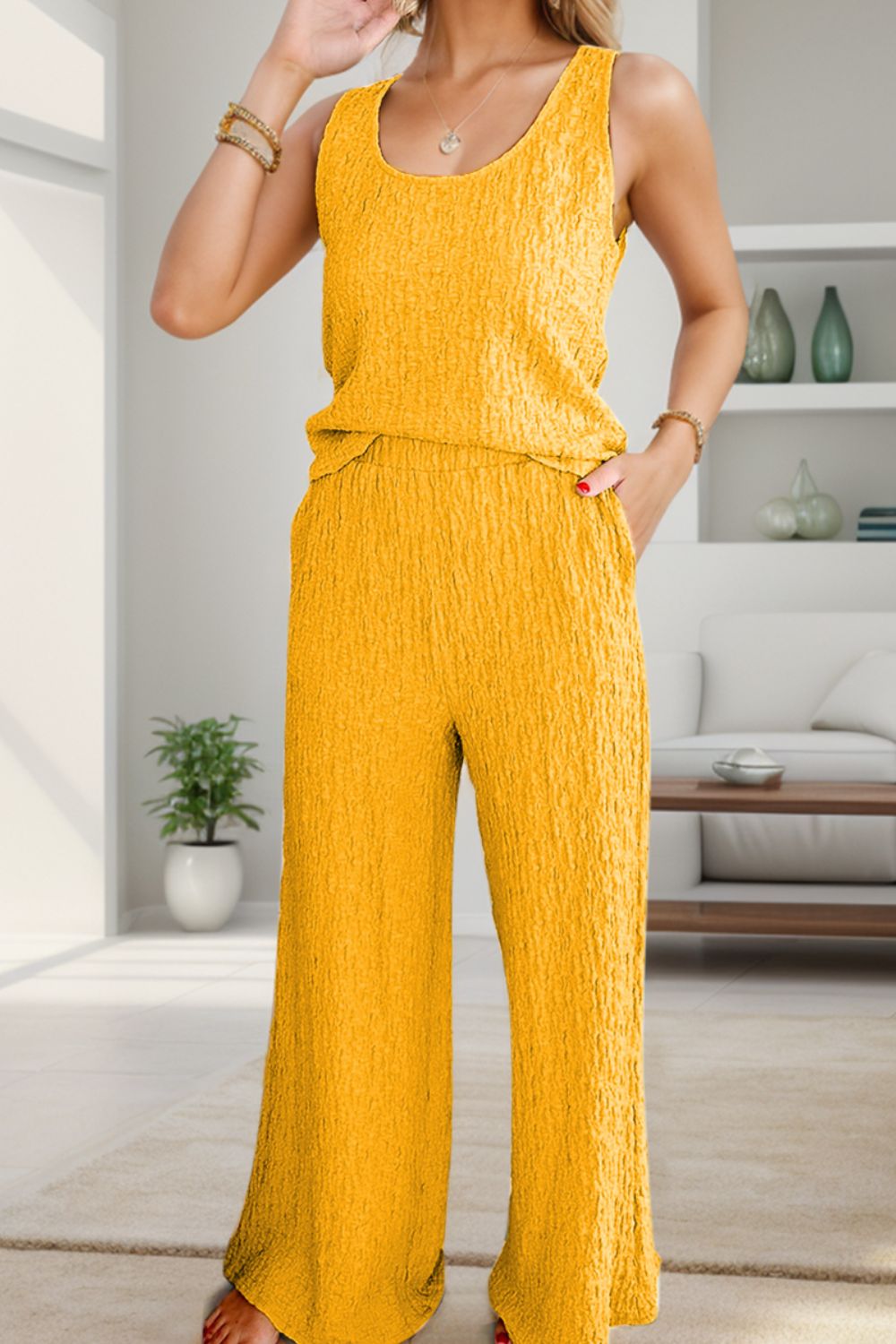 Textured Round Neck Top and Wide Leg Pants Set-Teresa's Fashionista LLC