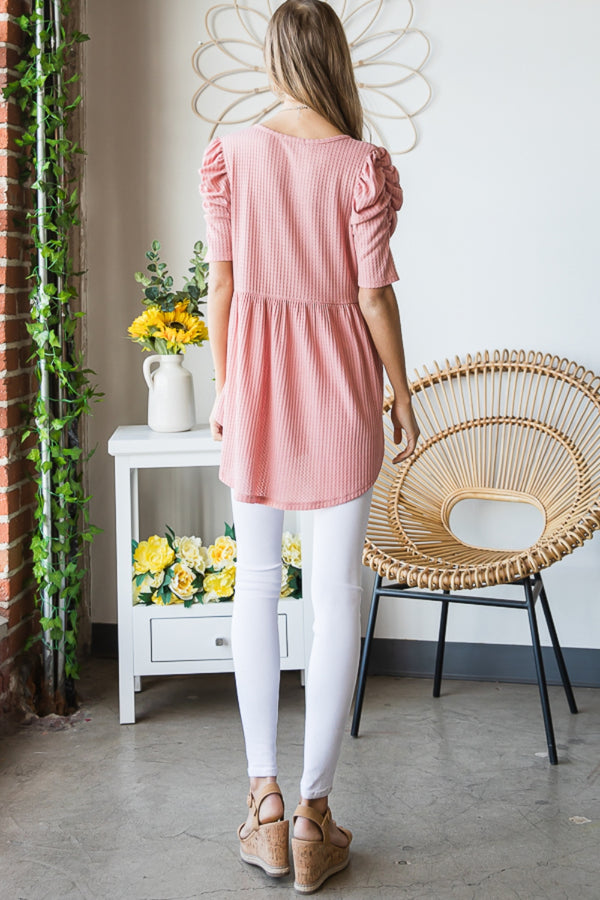 Heimish Full Size Waffle Knit V-Neck Babydoll Top-Teresa's Fashionista LLC