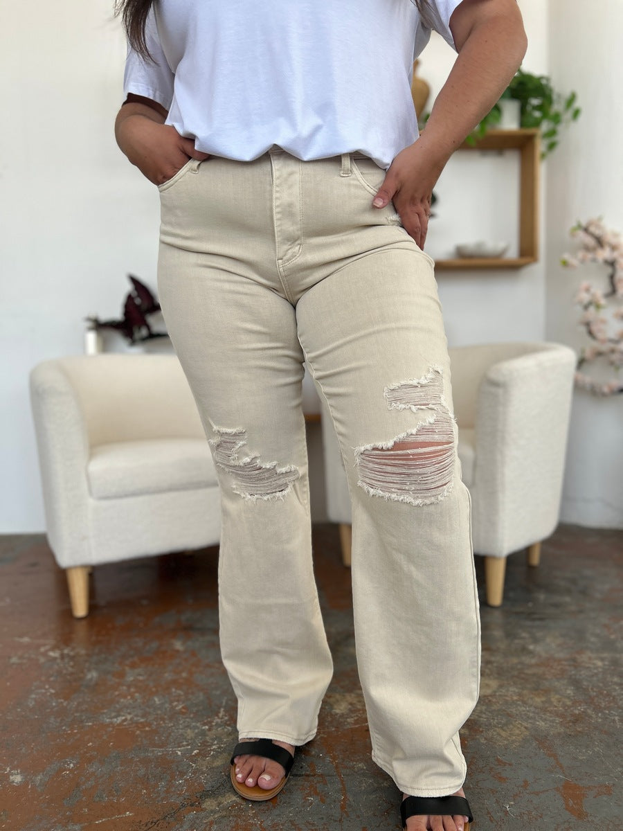 Judy Blue Full Size High Waist Distressed Wide Leg Jeans - Teresa's Fashionista LLC