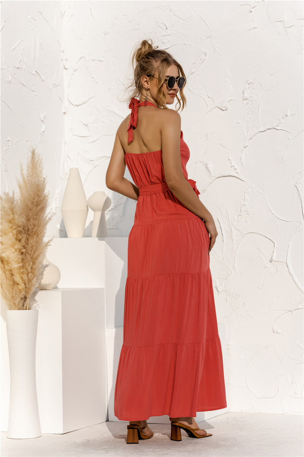 Halter Neck Tie Waist Tiered Maxi Dress-Teresa's Fashionista LLC