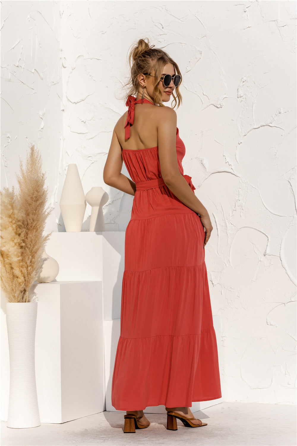 Halter Neck Tie Waist Tiered Maxi Dress-Teresa&#39;s Fashionista LLC
