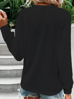 Eyelet Notched Long Sleeve T-Shirt-Teresa's Fashionista LLC