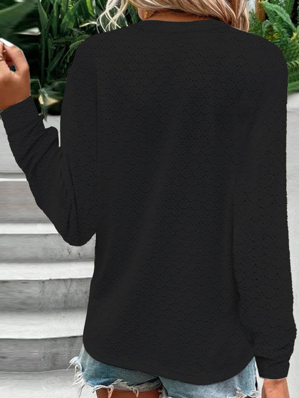 Eyelet Notched Long Sleeve T-Shirt-Teresa's Fashionista LLC