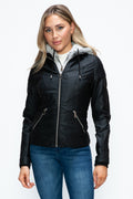 YMI Faux Layered Double-Zipper Jacket with Fuzzy Hood - Teresa's Fashionista LLC