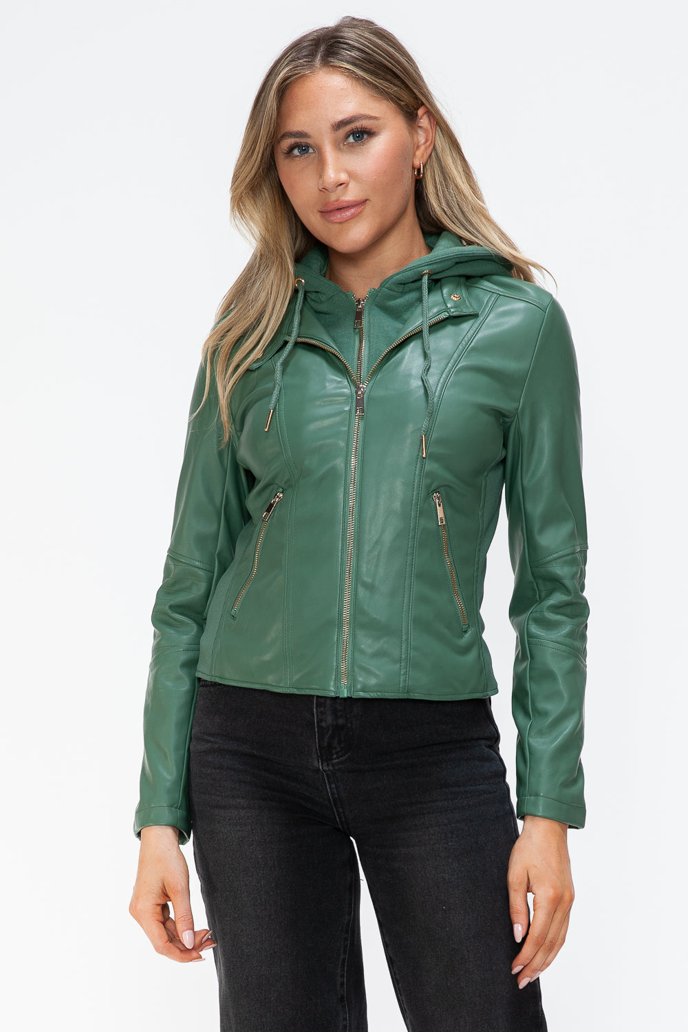 Snobbish Faux Leather Zip Up Drawstring Hooded Jacket - Teresa's Fashionista LLC