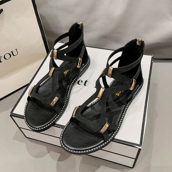 Open Toe Back Zipper Flat Sandals-Teresa's Fashionista LLC