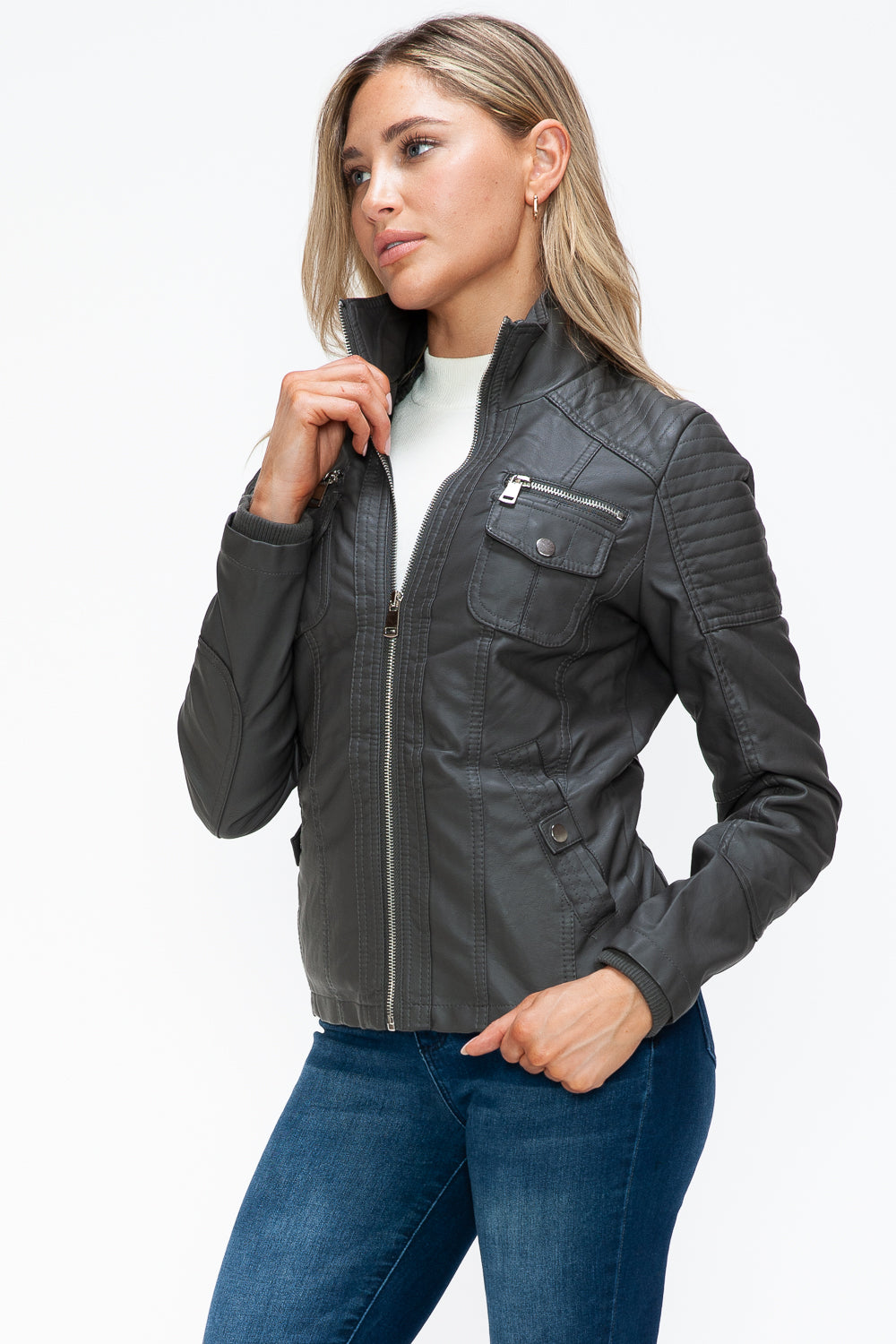 YMI Removable Faux Layered Multi-Pocket Jacket with Fuzzy Hood - Teresa's Fashionista LLC