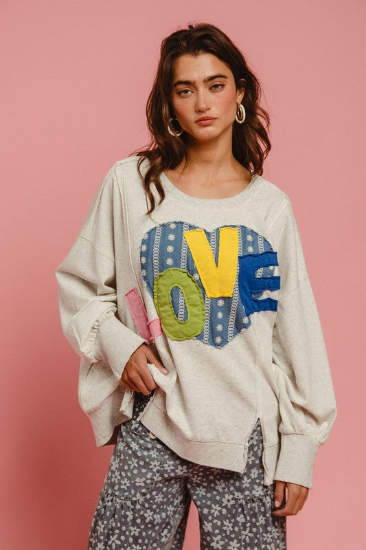 BiBi LOVE Heart Patch Slit French Terry Sweatshirt - Teresa's Fashionista LLC