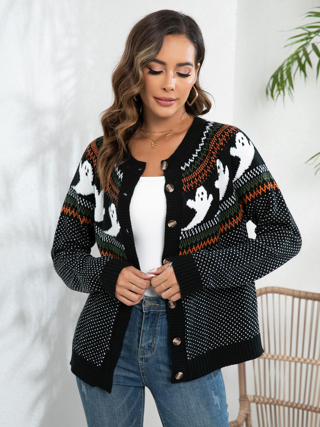 Ghost Button Up Long Sleeve Cardigan - Teresa's Fashionista LLC