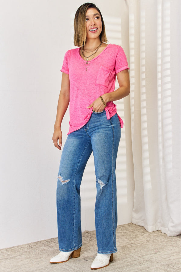 Zenana V-Neck Short Sleeve Slit T-Shirt-Teresa's Fashionista LLC