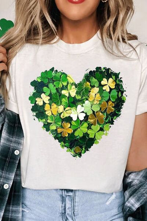 Clover Heart Round Neck Short Sleeve T-Shirt with clover heart design.