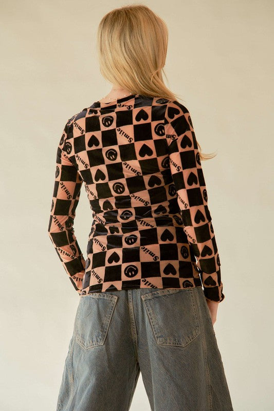Davi & Dani Heart Print Long Sleeve Top - Teresa's Fashionista LLC