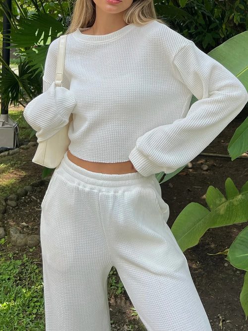 Waffle-Knit Round Neck Top and Pants Set-Teresa's Fashionista LLC