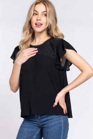 ACTIVE BASIC Ruffle Short Sleeve Crochet Blouse-Teresa's Fashionista LLC
