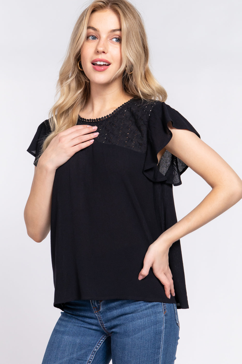 ACTIVE BASIC Ruffle Short Sleeve Crochet Blouse-Teresa&#39;s Fashionista LLC