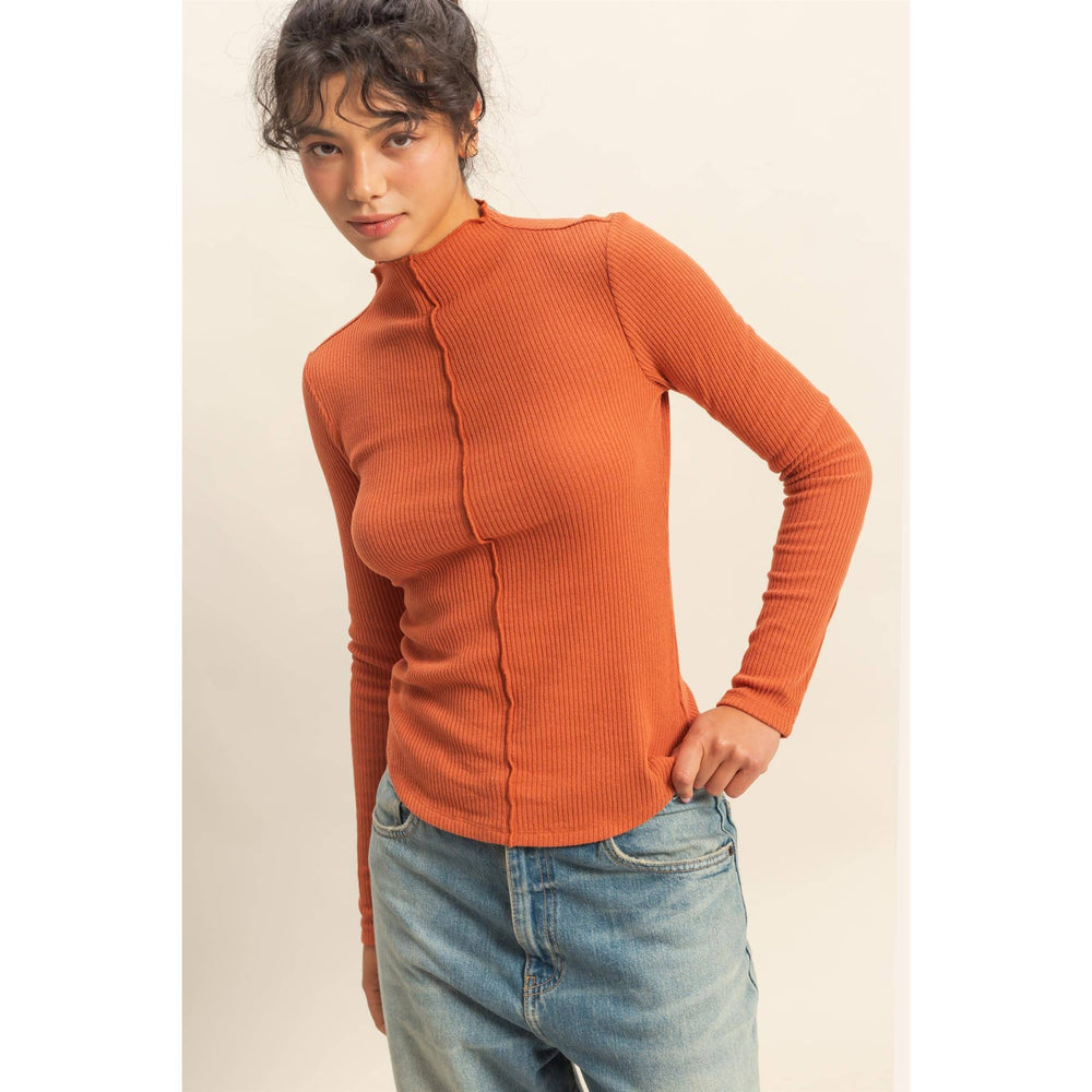 Ribbed High Neck Seam Detail Long Sleeve Top