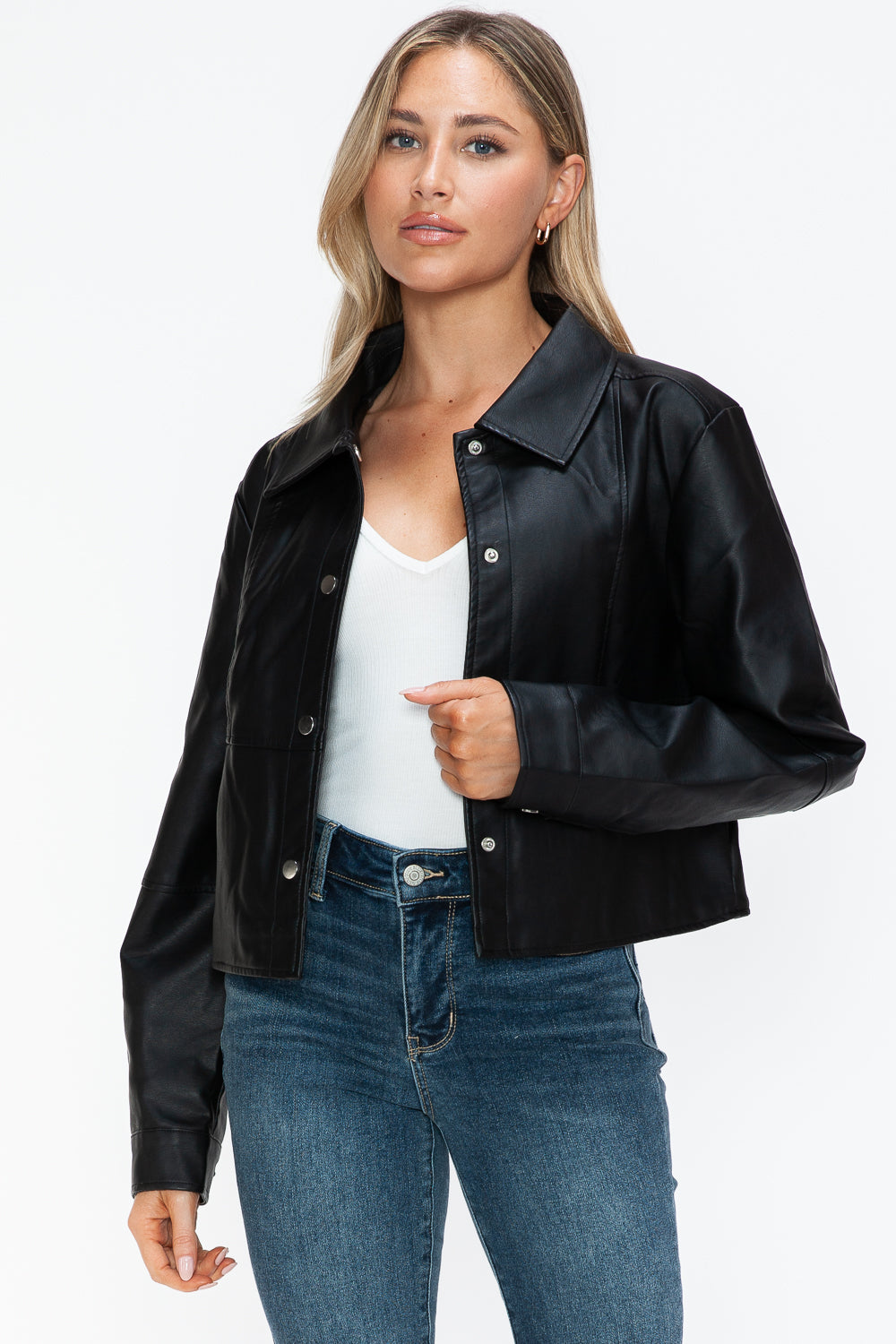 Snobbish Snap Down Long Sleeve PU Leather Jacket - Teresa's Fashionista LLC