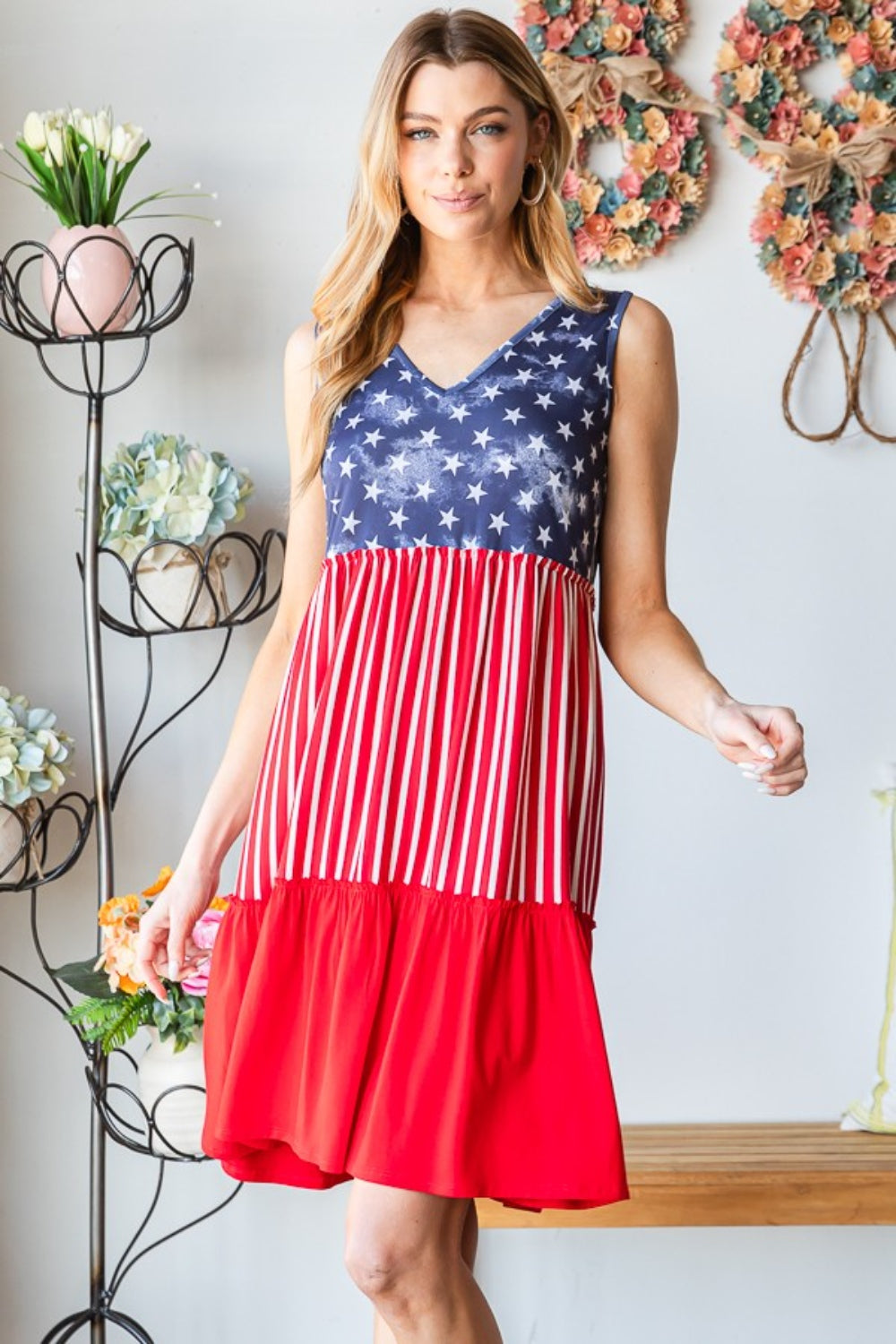 Heimish Full Size US Flag Theme Contrast Tank Dress-Teresa&#39;s Fashionista LLC