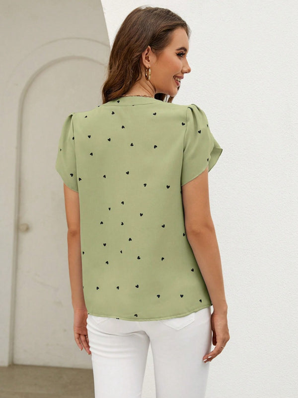 Heart Print Notched Petal Sleeve Blouse-Teresa's Fashionista LLC