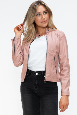 Snobbish Faux Leather Zip Up Drawstring Hooded Jacket - Teresa's Fashionista LLC