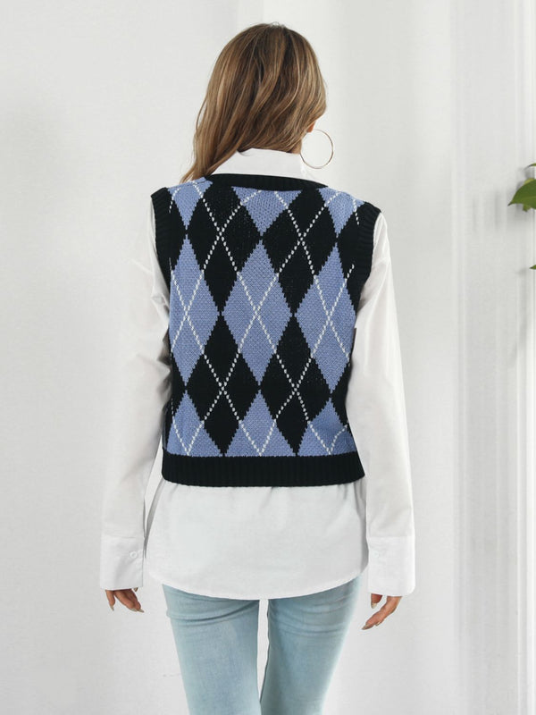 Skull Geometric V-Neck Sweater Vest - Teresa's Fashionista LLC
