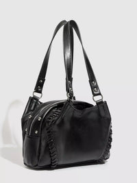 PU Leather Shoulder Bag with Woven Detail and Stud Accents
