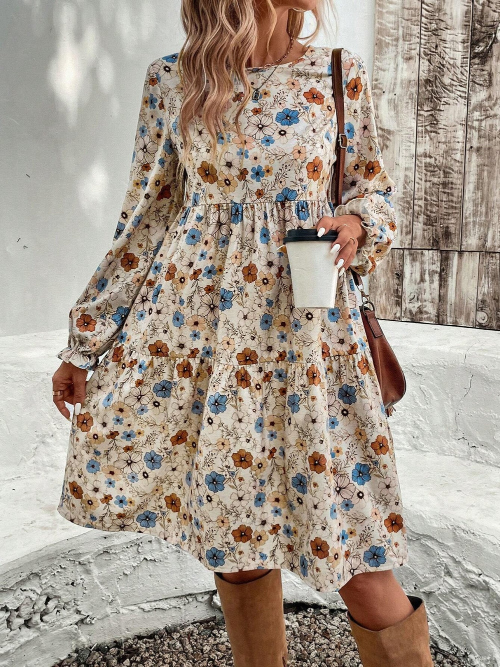 Tiered Floral Round Neck Long Sleeve Dress - Teresa's Fashionista LLC