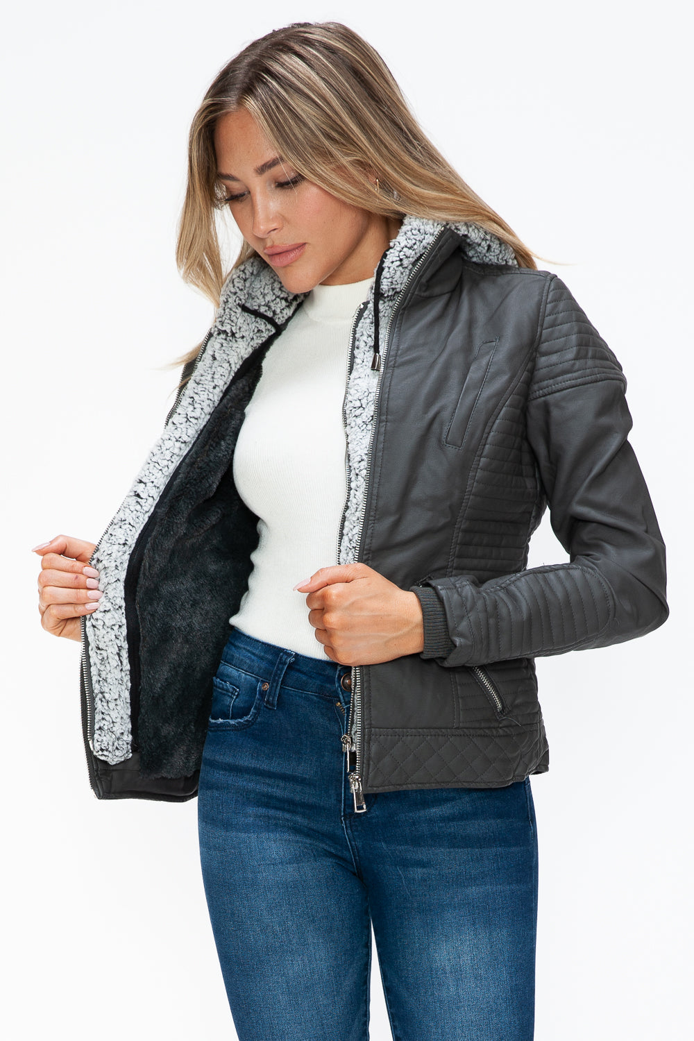YMI Faux Layered Double-Zipper Jacket with Fuzzy Hood - Teresa's Fashionista LLC