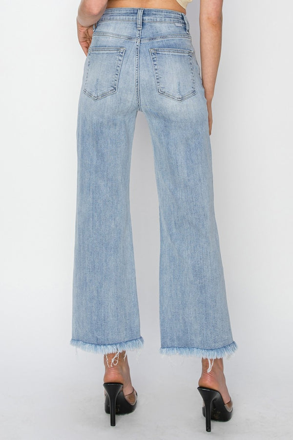 RISEN High Rise Crop Wide Fray Hem Jeans - Teresa's Fashionista LLC