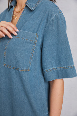 Pocketed Collared Neck Mini Denim Dress-Teresa's Fashionista LLC