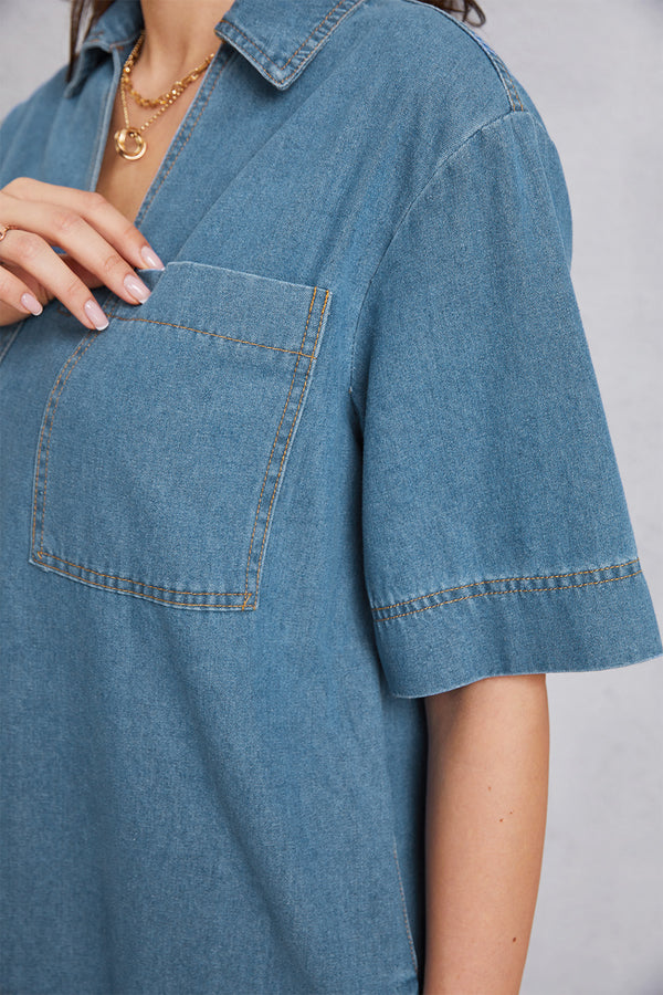 Pocketed Collared Neck Mini Denim Dress-Teresa's Fashionista LLC