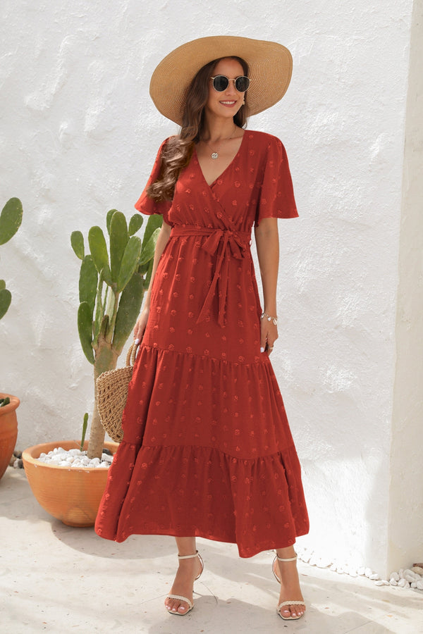 Swiss Dot Tied Surplice Short Sleeve Dress-Teresa's Fashionista LLC