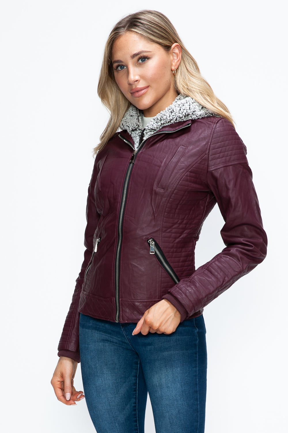 YMI Faux Layered Double-Zipper Jacket with Fuzzy Hood - Teresa's Fashionista LLC