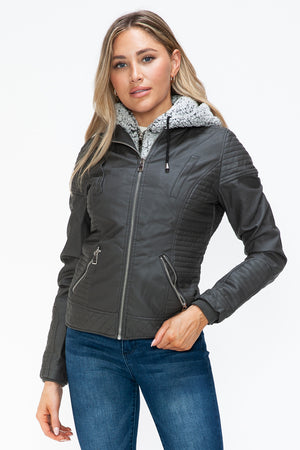 YMI Faux Layered Double-Zipper Jacket with Fuzzy Hood - Teresa's Fashionista LLC