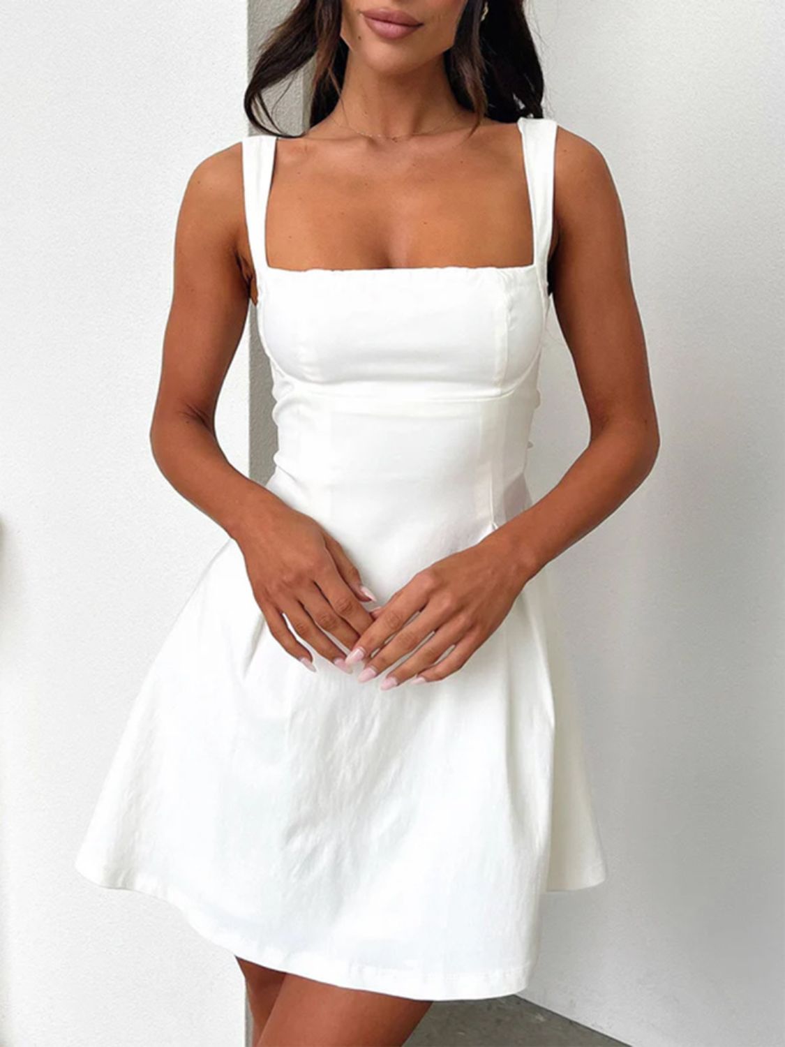 Devine Bow Back Square Neck Mini Dress - Teresa's Fashionista LLC