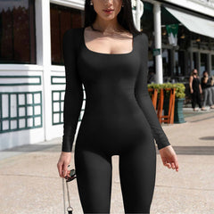 Women's Yoga Sports Fitness Jumpsuit Workout Long Sleeve Square Collar Clothing - Teresa's Fashionista LLC