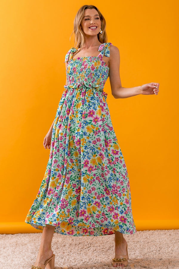 BiBi Floral Ruffle Trim Smocked Cami Dress-Teresa's Fashionista LLC