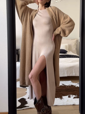 Side Slit Round Neck Long Sleeve Dress - Teresa's Fashionista LLC